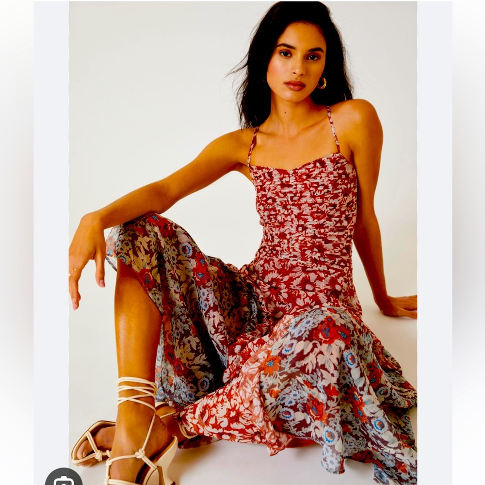 Let Me Be Ruffles MIDI Dress Pink Combo - floral skinny strap dress